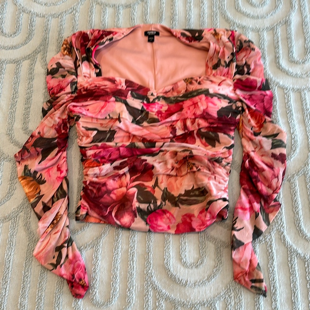 EXPRESS Pink Floral Mesh Body Contour Ruched Top